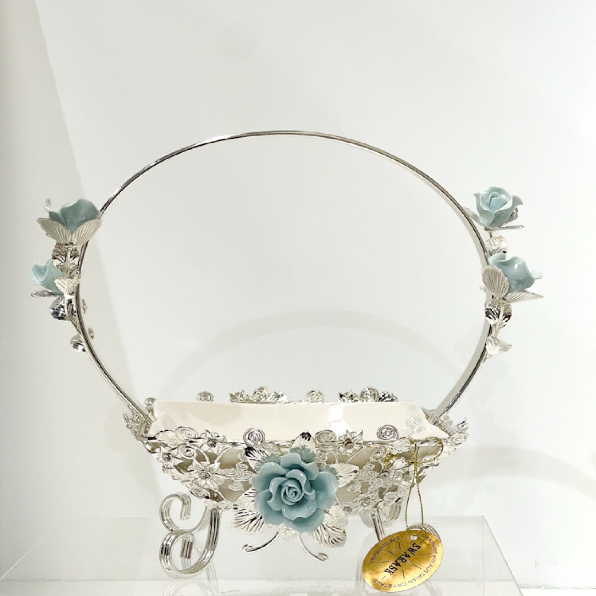 Elegant Silver Floral Basket with Porcelain Accents