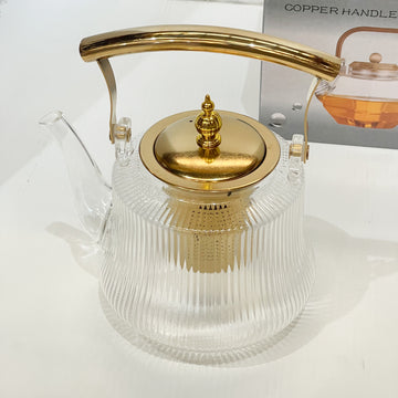 Zarina Ribbed Glass Teapot – Gold Handle