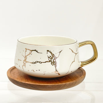 Luxury Marble Cappuccino Cup with Wooden Saucer