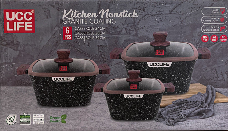 UCC LIFE Black or Brown Marble Non-Stick 6-Piece Casserole Cookware Set