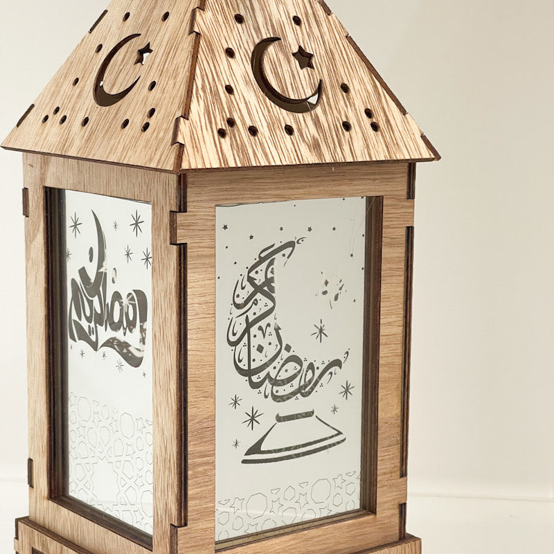 Wooden Ramadan Lantern – Crescent & Arabic Calligraphy LED Decor