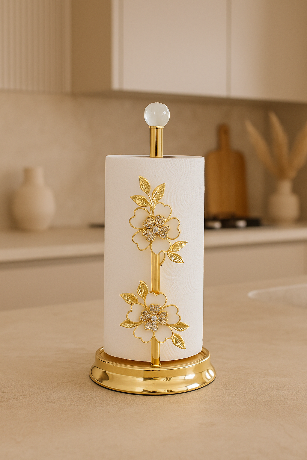 Double Floral Enamel Paper Towel Holder – Gold & White