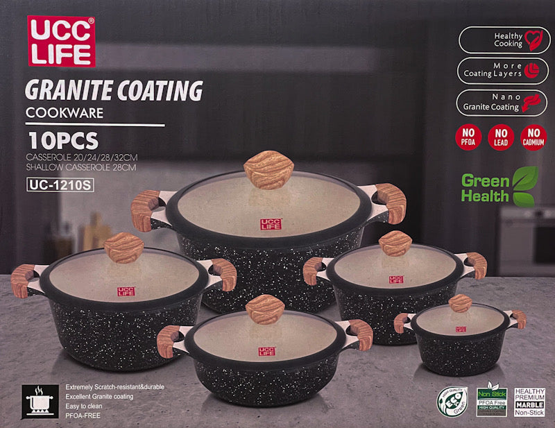 UCC LIFE 10-Piece Granite Non-Stick Casserole Cookware Set – Black or Brown