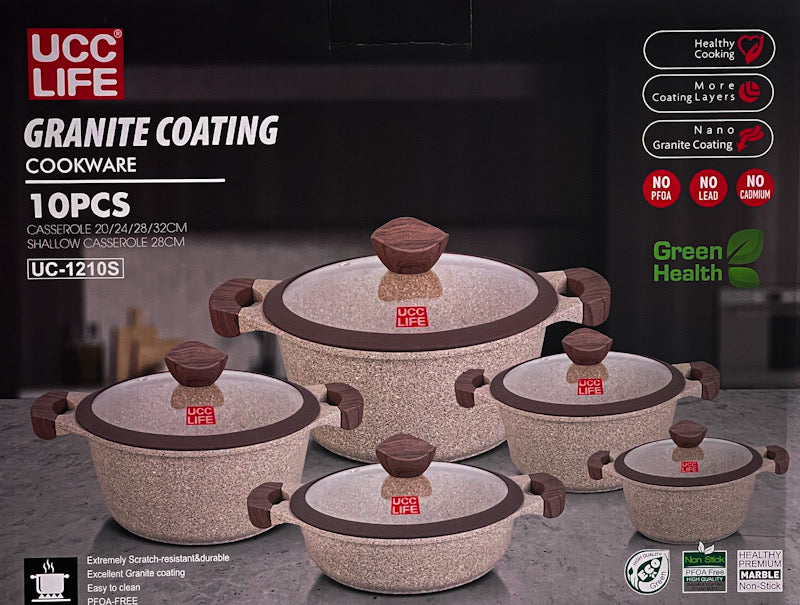 UCC LIFE 10-Piece Granite Non-Stick Casserole Cookware Set – Black or Brown