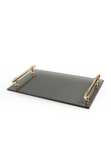 Black Glass Serving Tray with Gold Handles