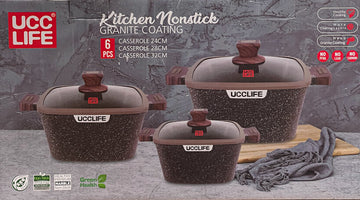 UCC LIFE Black or Brown Marble Non-Stick 6-Piece Casserole Cookware Set