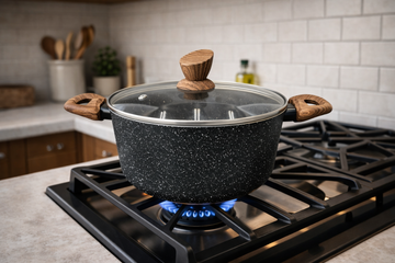 Speckled Aluminium Cooking Pot with Wood-Style Handles