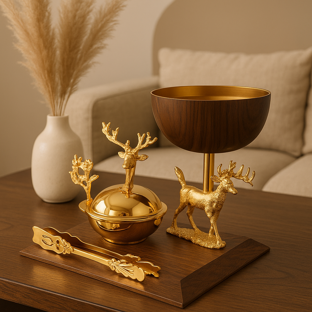 Deluxe Reindeer-Inspired Metal Incense Burner Set – Gold & Wood Finish