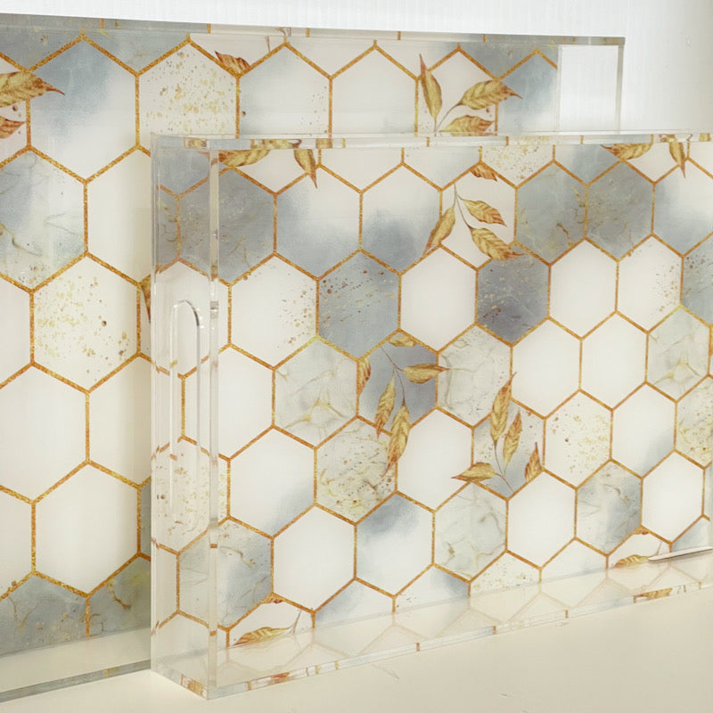 KANZ Acrylic Tray Set – Honeycomb Marble Leaf Design (Set of 2)