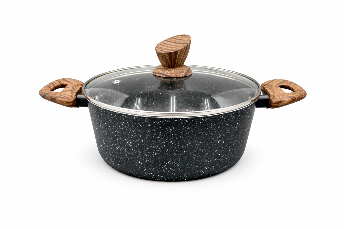 Speckled Aluminium Cooking Pot with Wood-Style Handles