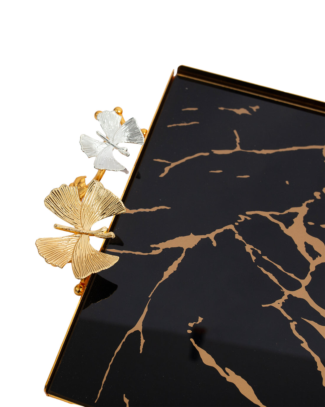 Black Marble Tray with Gold & Silver Floral Handles – 30x15cm