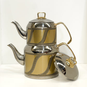 Turkish Stainless Steel Double Teapot – Induction-Compatible & Gold Design