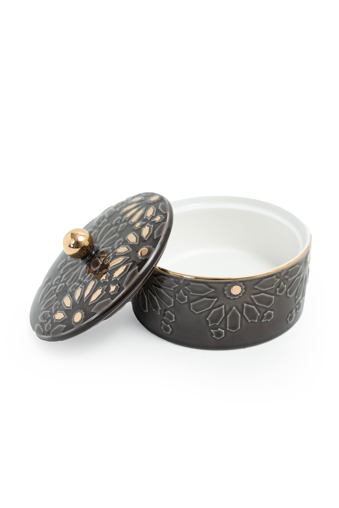 Black & Gold Ceramic Storage Jar with Embossed Geometric Design
