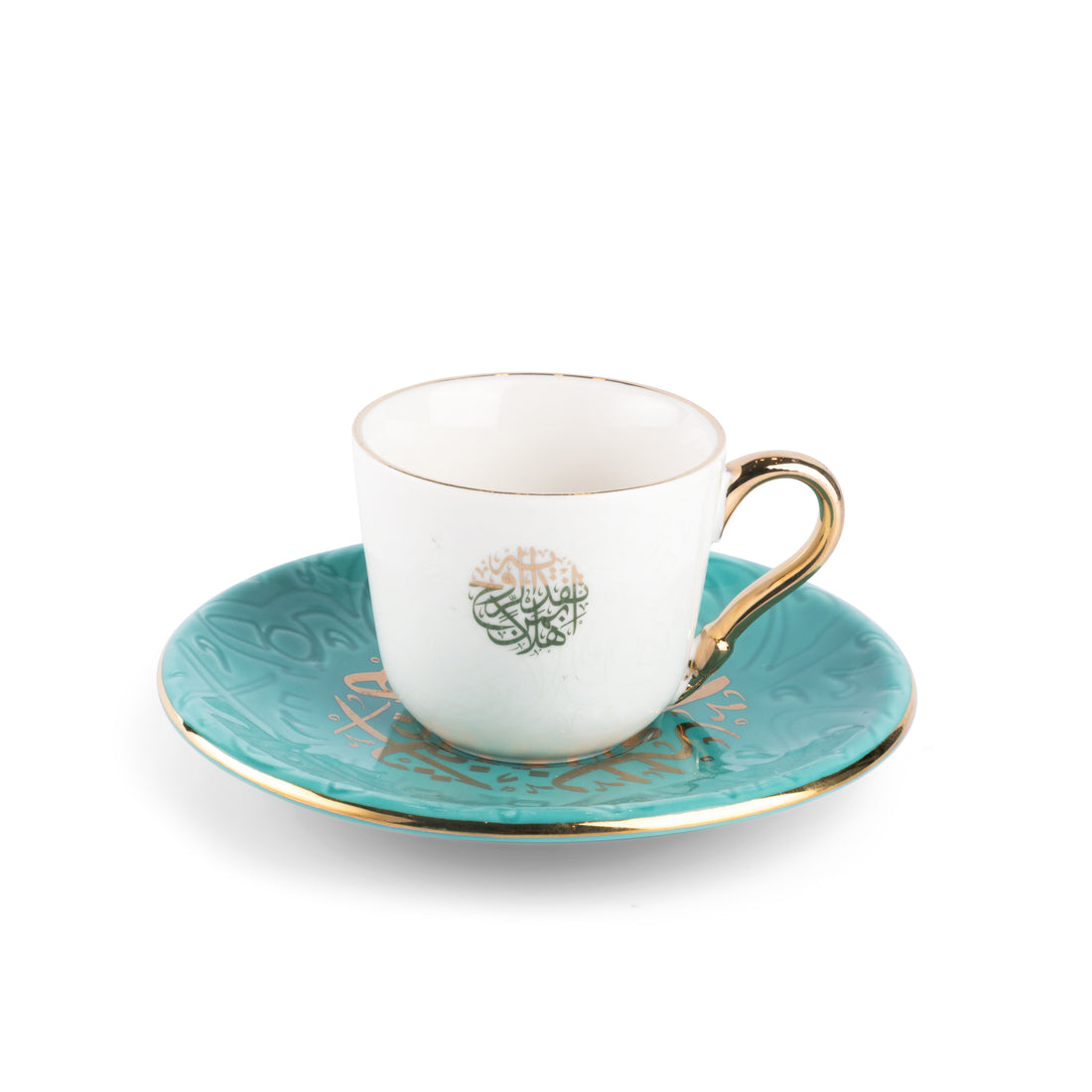 Zuwar Golden TEAL Turkish Coffee Set” – 6-Piece Luxury Cup & Saucer Collection