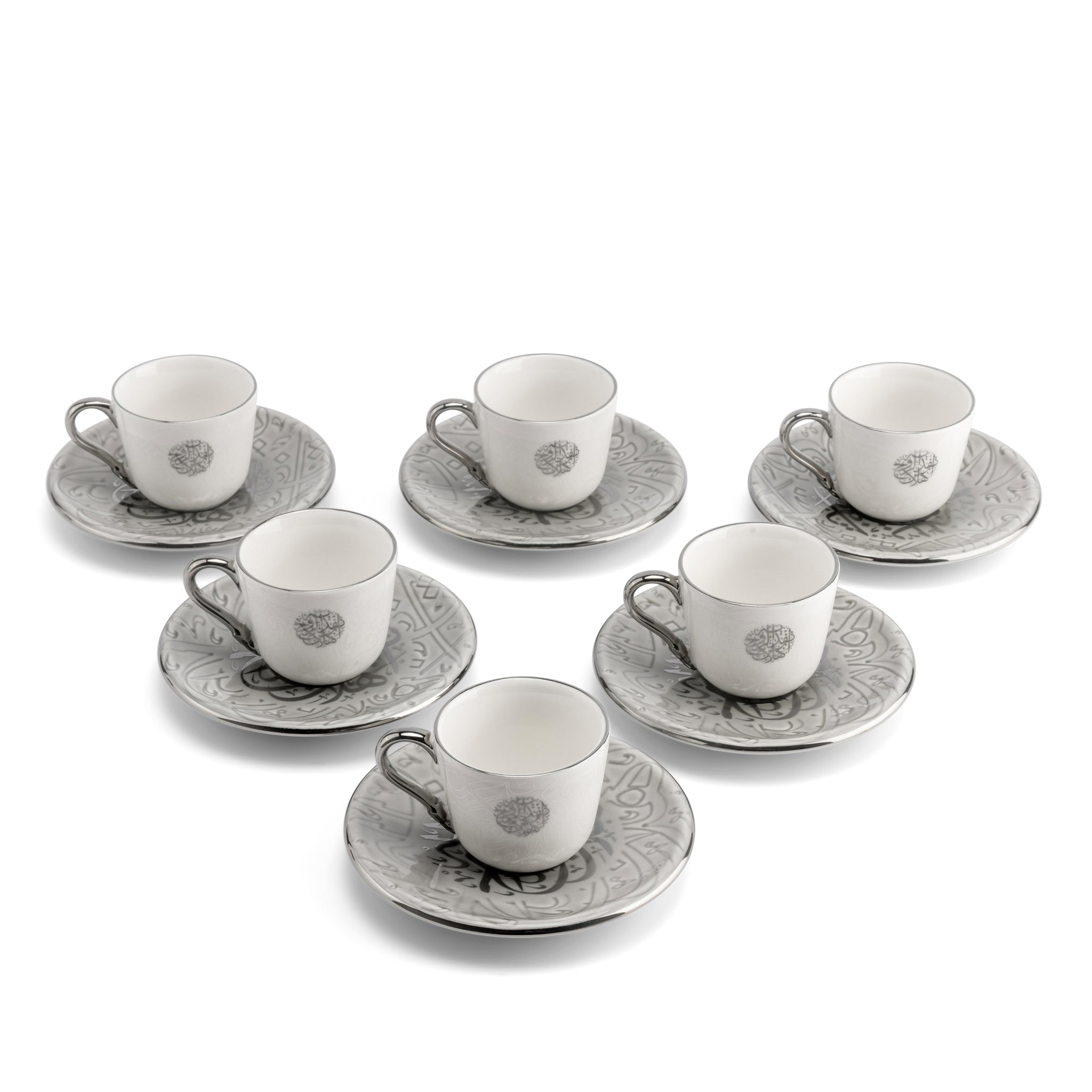 ZUWAR Chrome Heritage Turkish Coffee Set” – 6-Piece Luxury Cup & Saucer Collection