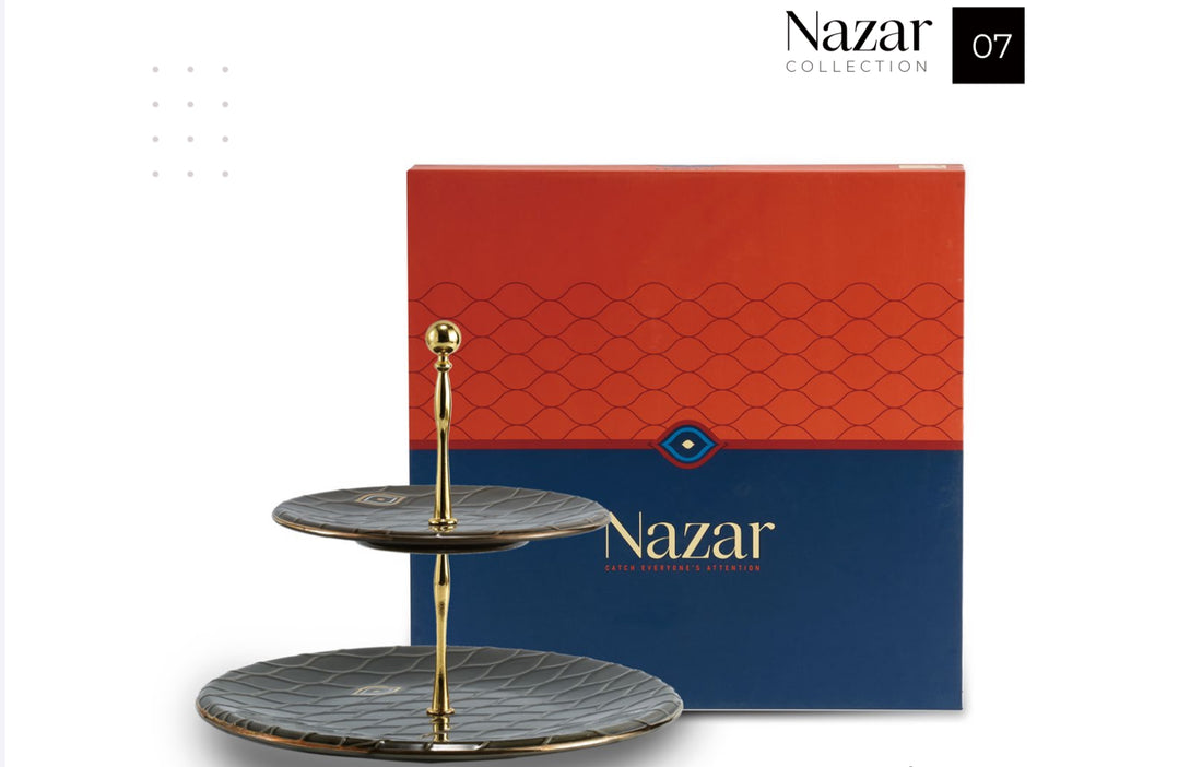 Nazar Luxury Two-Tier Porcelain Serving Stand – Gold Accents & Evil Eye Design