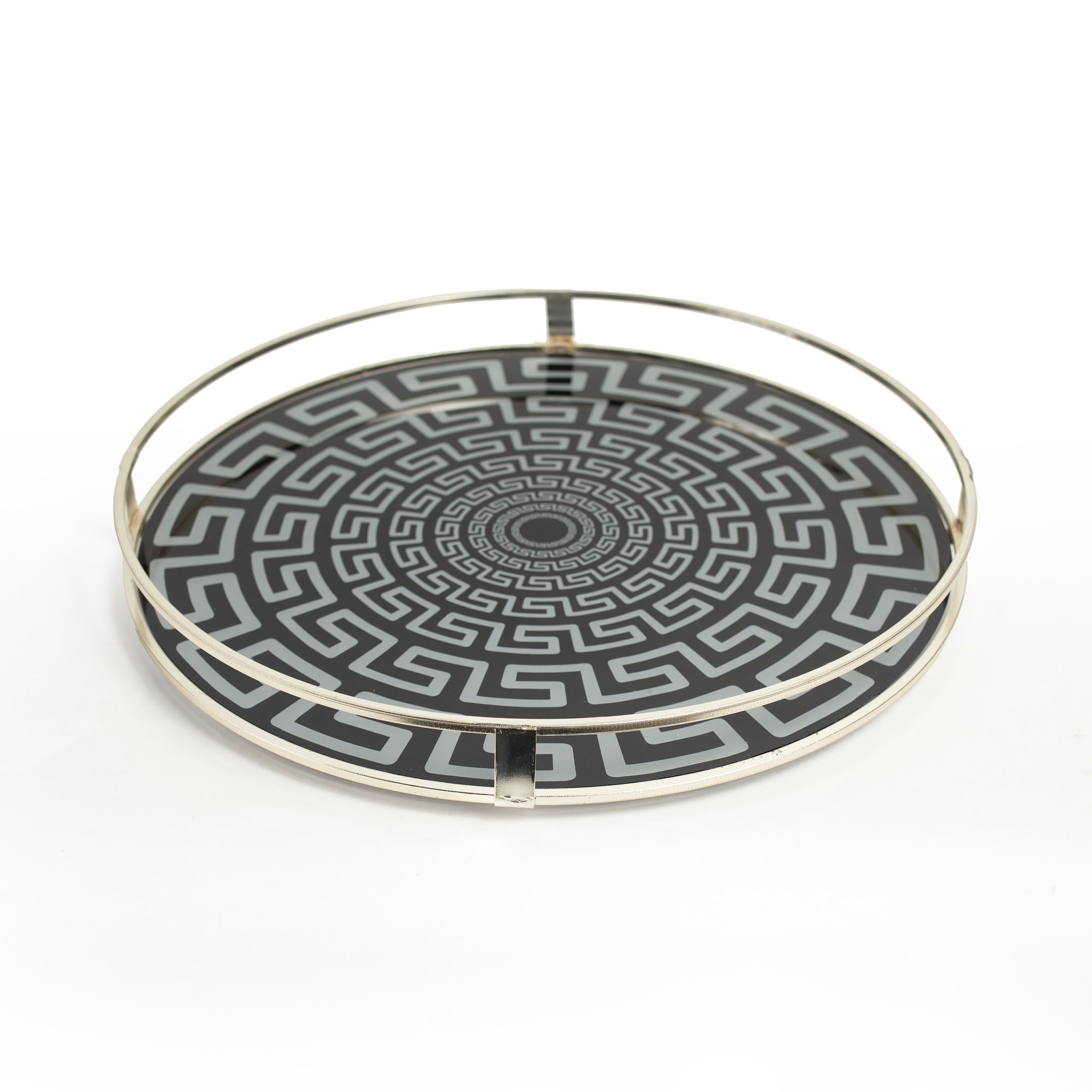 Round Black & Silver Geometric Serving Tray