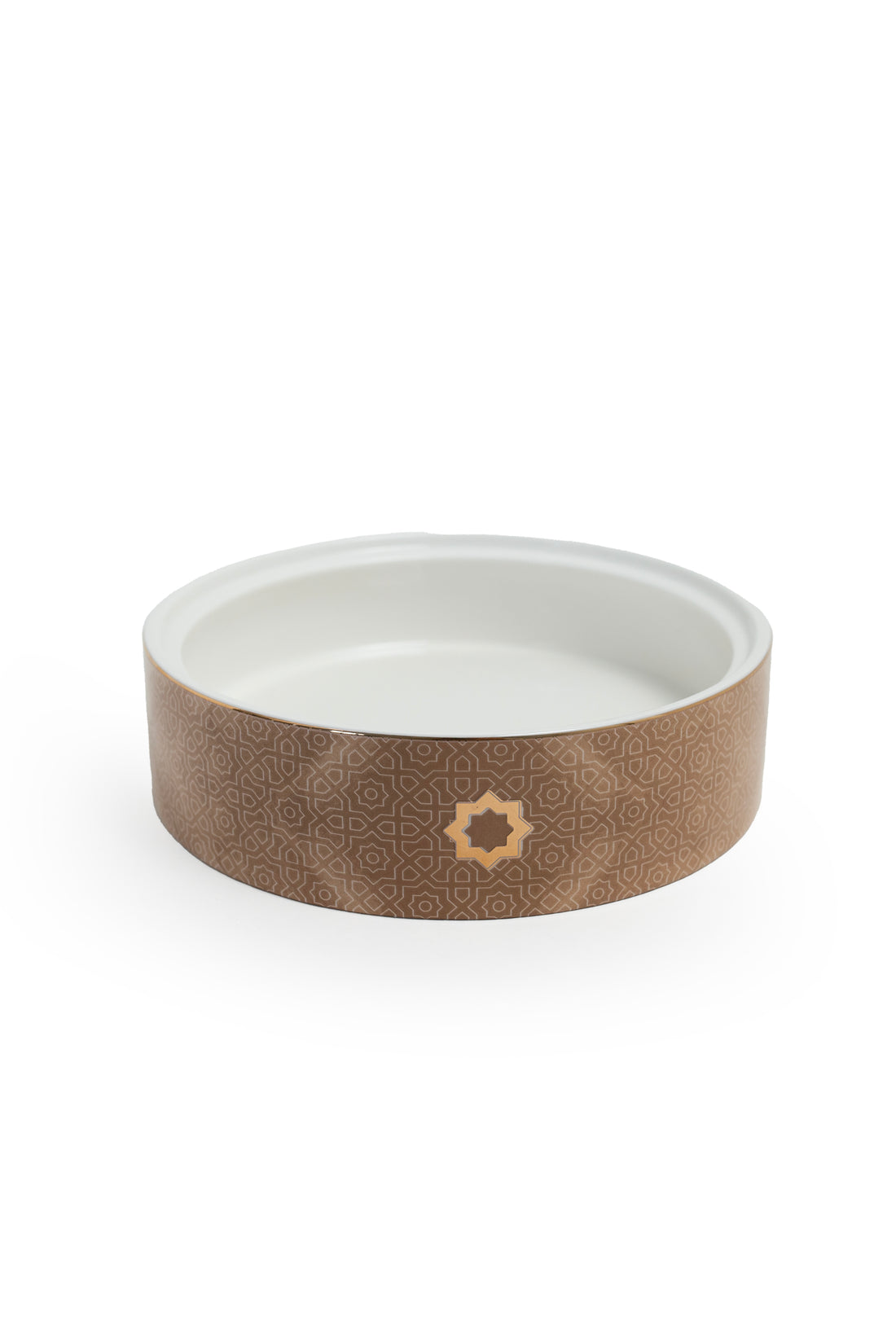 Arabic-Inspired Ceramic Serving Bowl with Lid – Beige & White Pattern