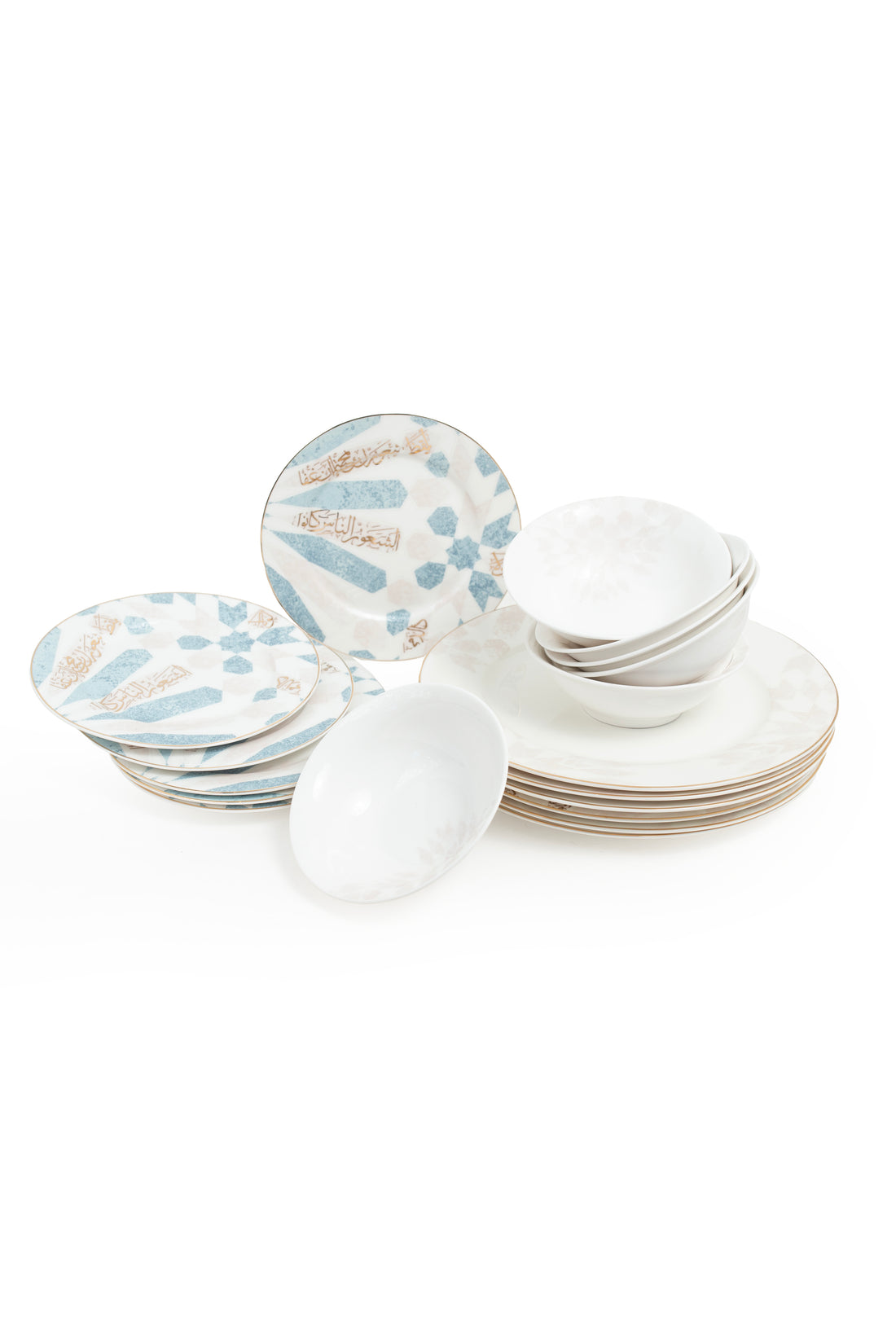Amal Collection – 18-Piece Porcelain Dinnerware Set (Blue Mosaic & Arabic Calligraphy Edition)