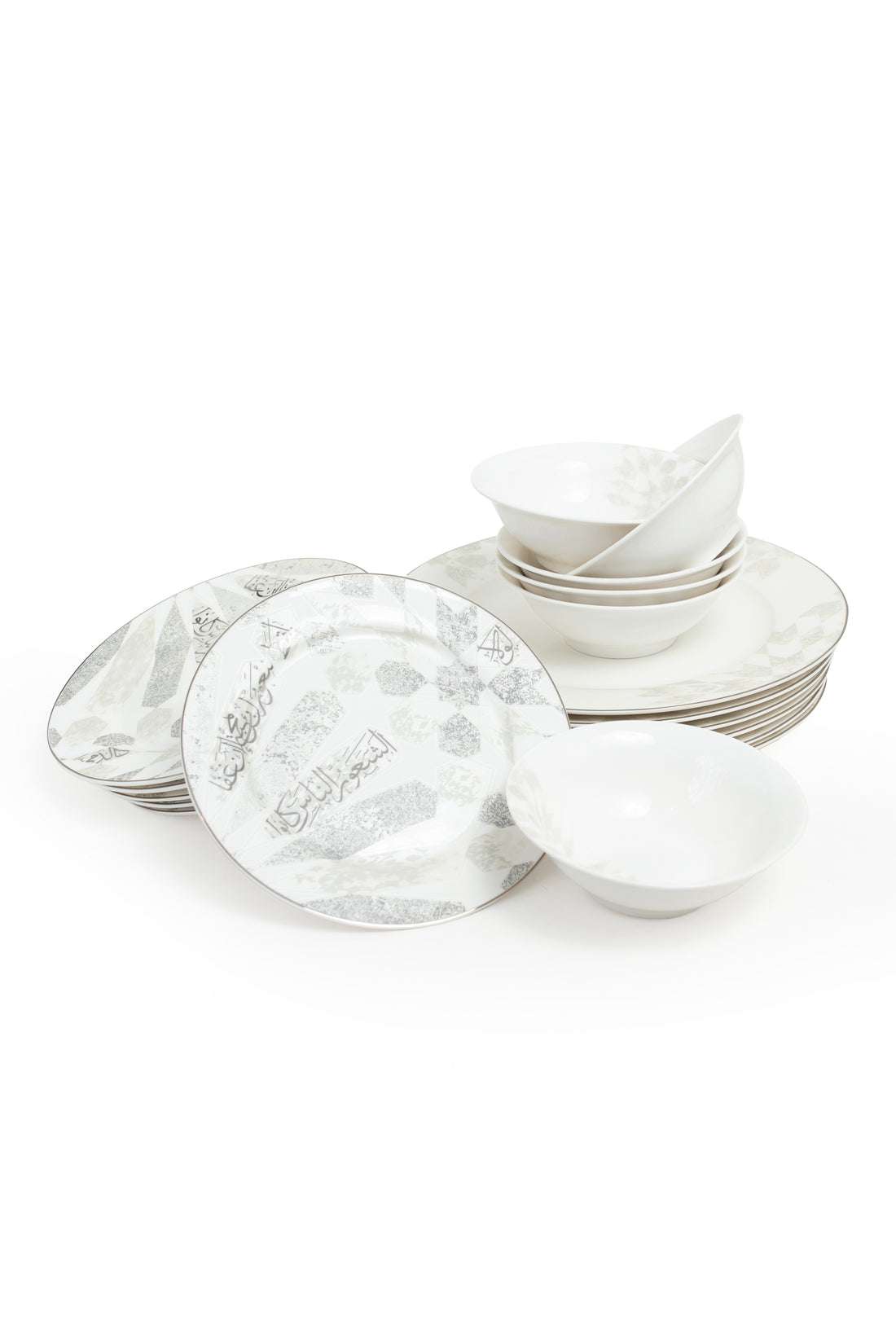 Amal Collection – 18-Piece Porcelain Dinnerware Set (Grey Mosaic & Arabic Calligraphy)