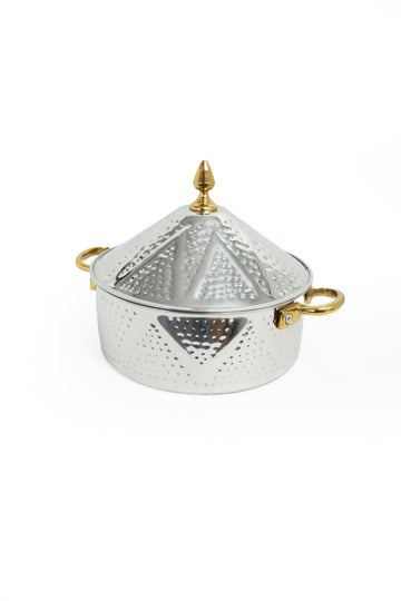 Stainless-Steel Food Warmer with Hammered Pyramid Dome & Gold Handles - 2500 mL