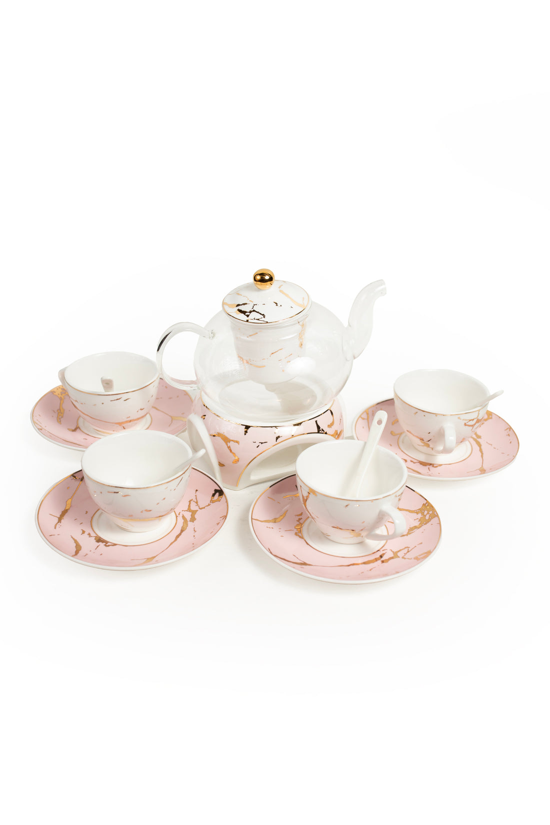 Marble-Effect Tea Set with Glass Teapot & Warmer – 11 Piece Set
