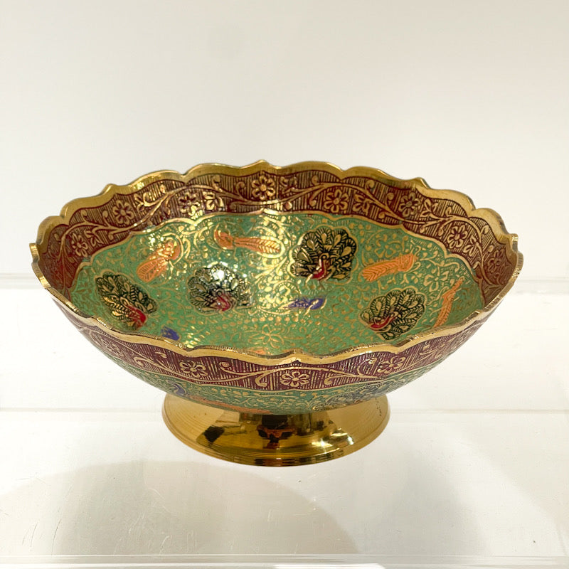 Handcrafted 8-Inch Enamel Brass Bowl – Vibrant Peacock & Floral Design