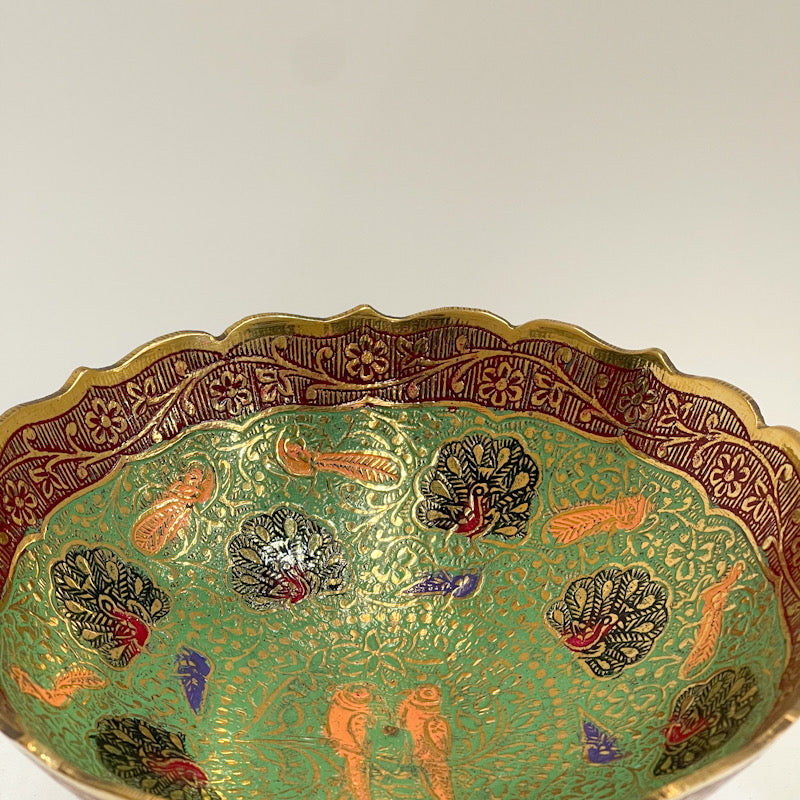 Handcrafted 8-Inch Enamel Brass Bowl – Vibrant Peacock & Floral Design