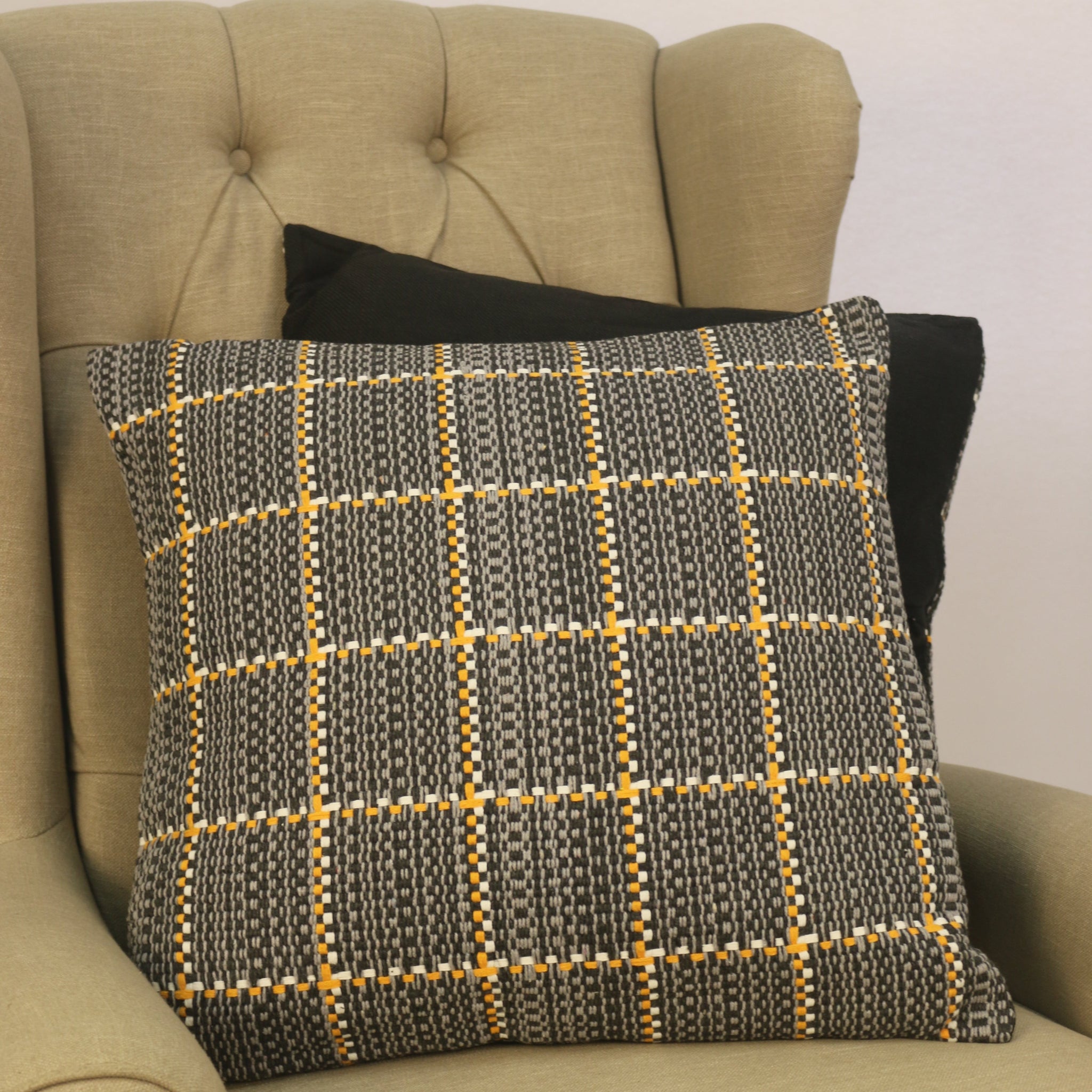 Kanz Woven Grid Cushion – Grey, Charcoal & Orange Accent (55x55cm) with Synthetic Feather Insert