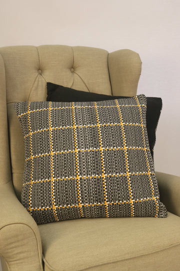 Kanz Woven Grid Cushion – Grey, Charcoal & Orange Accent (55x55cm) with Synthetic Feather Insert