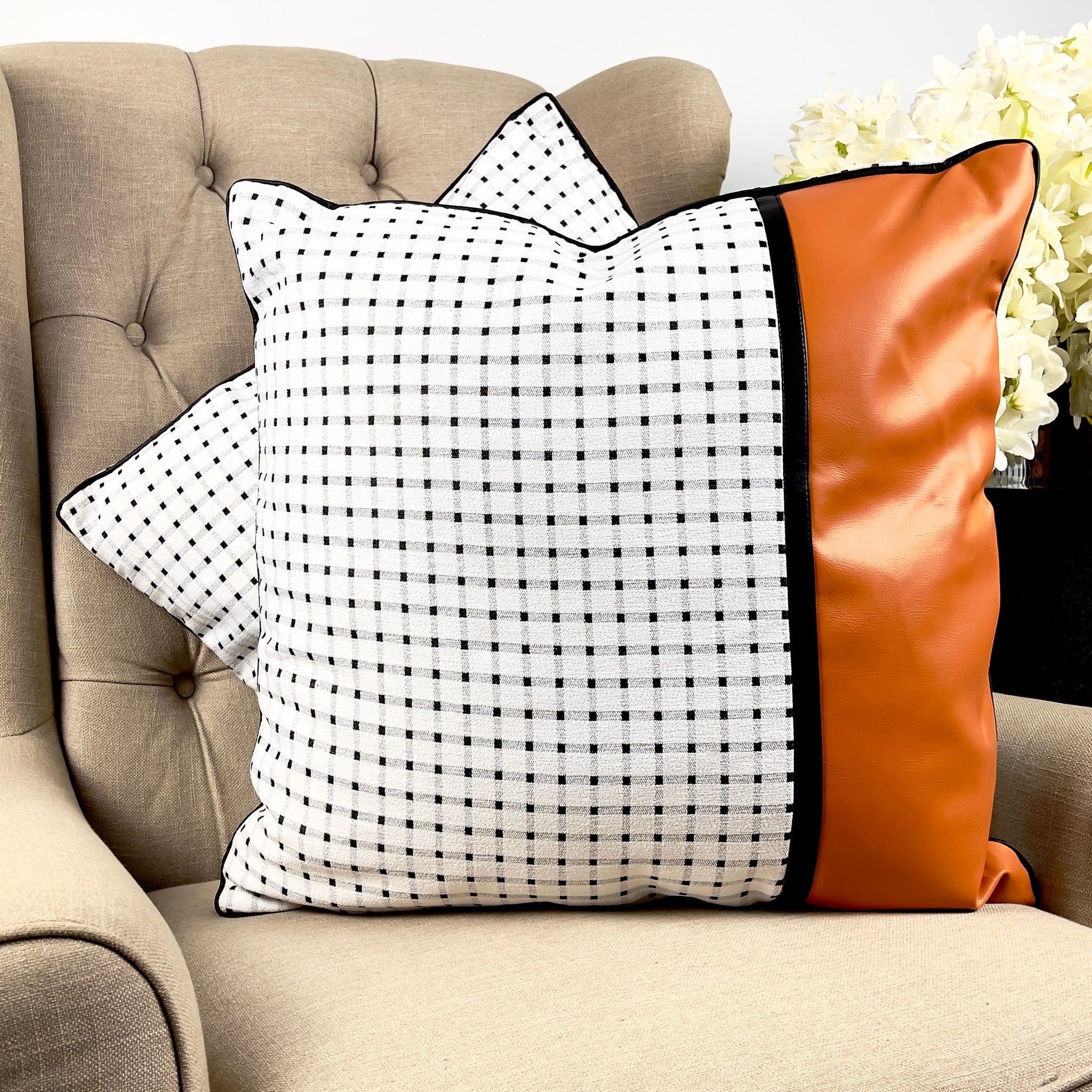 Kanz Modern Grid Cushion – White, Black & Orange Panel (55x55cm) with Synthetic Feather Insert