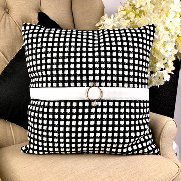 Kanz Royale Cushion – Black & White Tweed with Pearl & Rose Gold Detail (55x55cm) with Synthetic Feather Insert