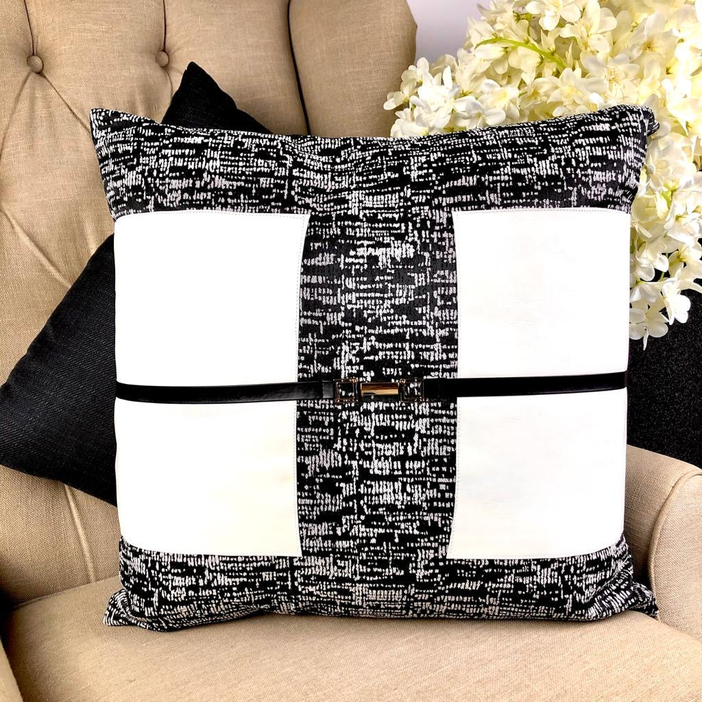 Kanz Monochrome Luxe Cushion – Black & White with Gold Buckle (55x55cm) with Synthetic Feather Insert