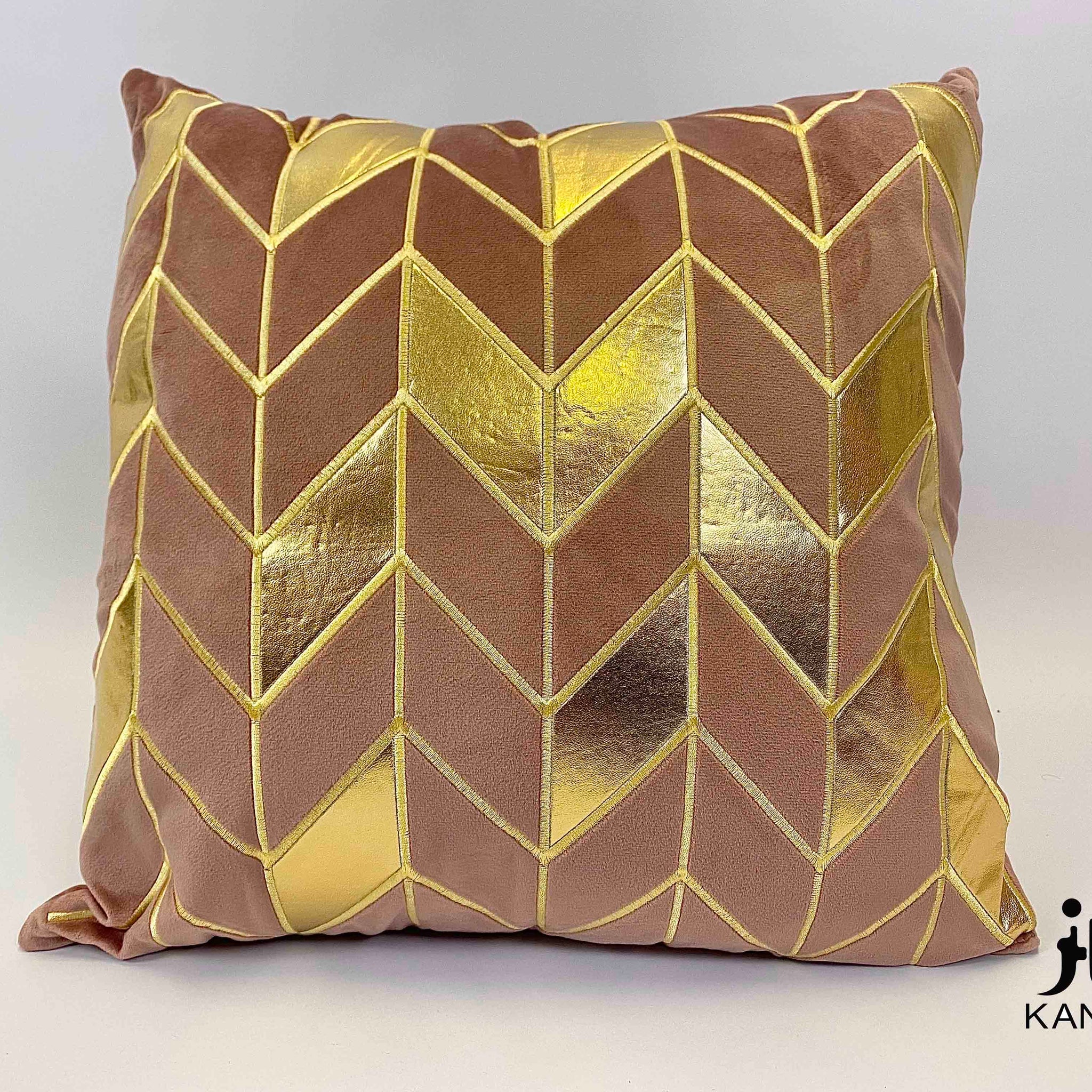 Kanz Luxe Chevron Cushion – Velvet & Gold (45x45cm) with Synthetic Feather Insert