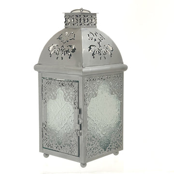 Silver Moroccan-Style Decorative Lantern – Intricate Glass & Metal Design