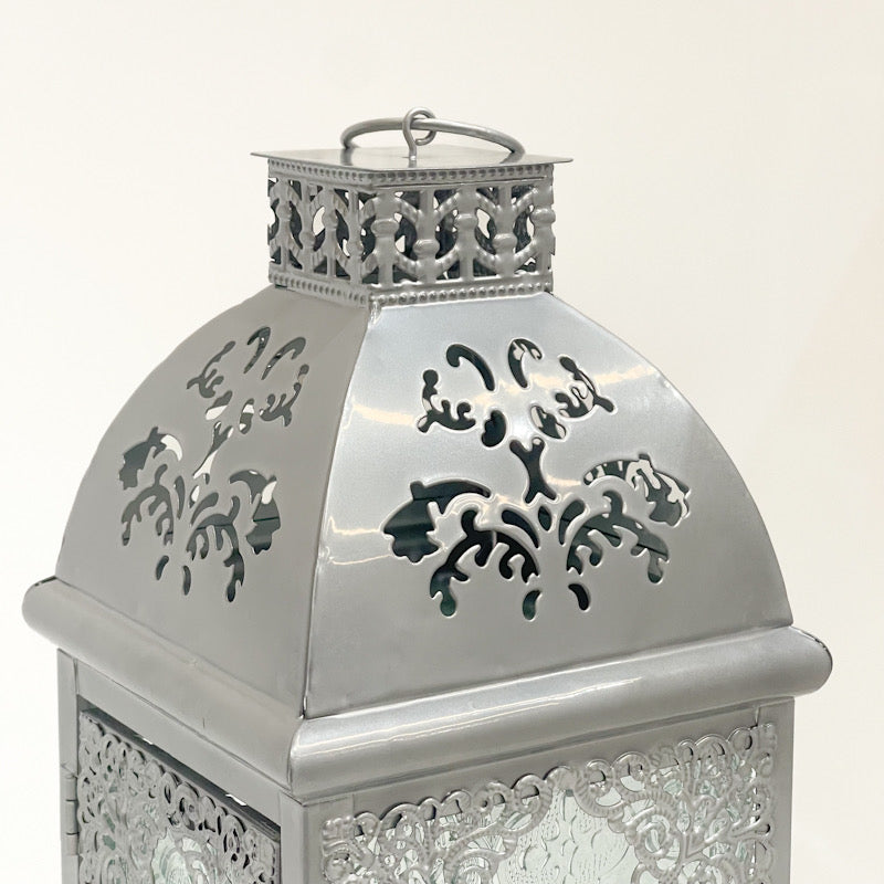 Silver Moroccan-Style Decorative Lantern – Intricate Glass & Metal Design