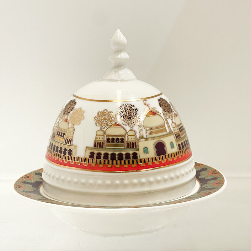 Ramadan Luxury Porcelain Date Bowl with Dome Lid – Mosque & Gold Accents