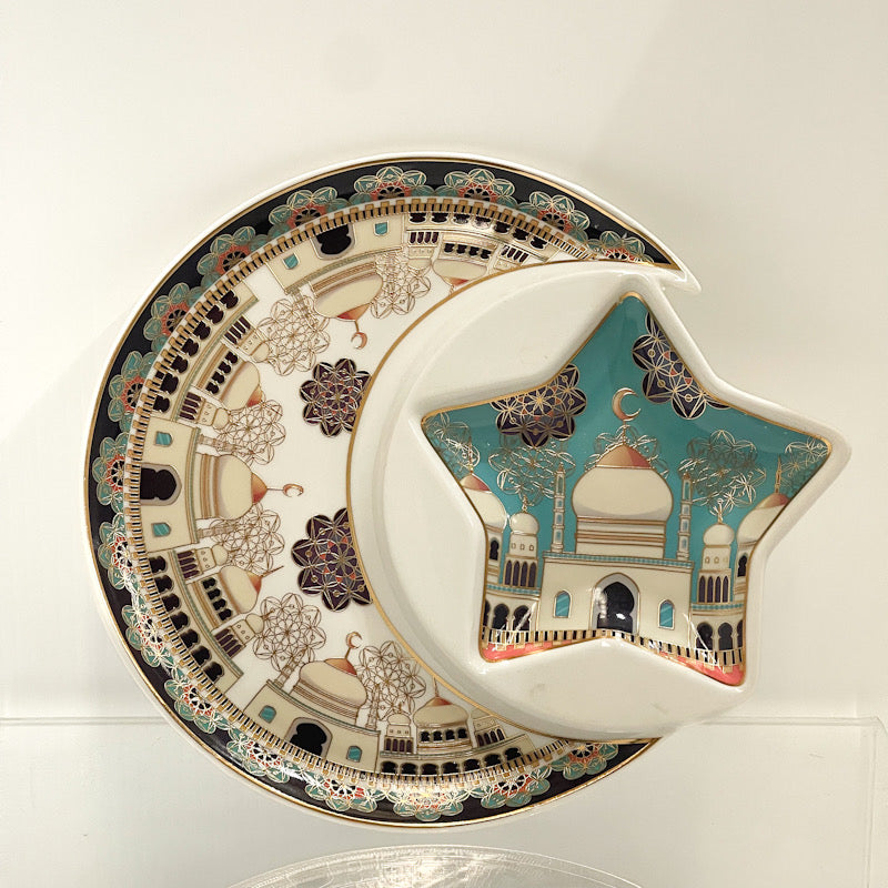 Crescent & Star Ramadan Date Plate – Mosque & Gold Accents