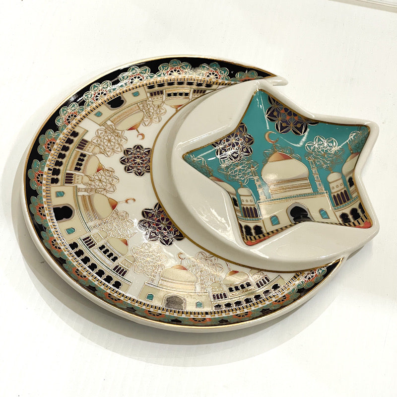 Crescent & Star Ramadan Date Plate – Mosque & Gold Accents