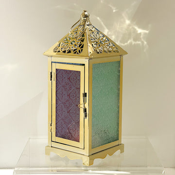 Gold Moroccan LED Lantern – Multicolor Embossed Glass & Battery-Operated Light