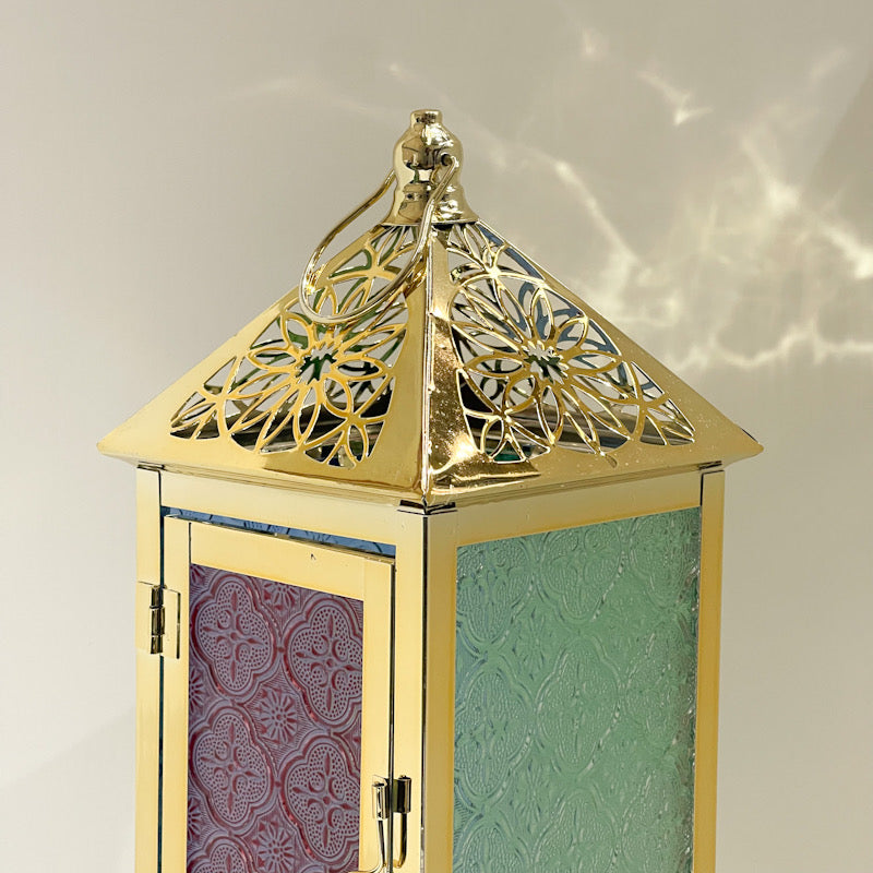 Gold Moroccan LED Lantern – Multicolor Embossed Glass & Battery-Operated Light