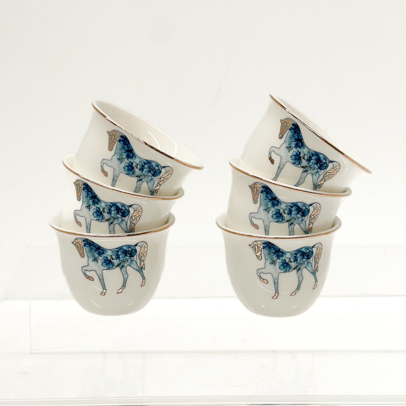 Saheel Luxury 6 Porcelain Arabic Coffee 6 Blue Cup Set – Calligraphy & Horse Design