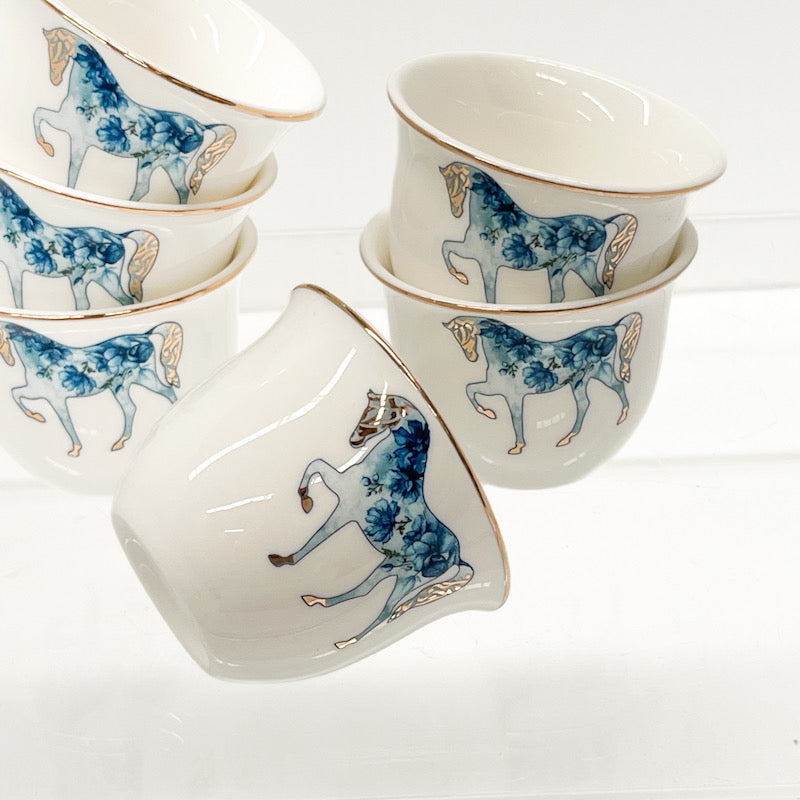 Saheel Luxury 6 Porcelain Arabic Coffee 6 Blue Cup Set – Calligraphy & Horse Design