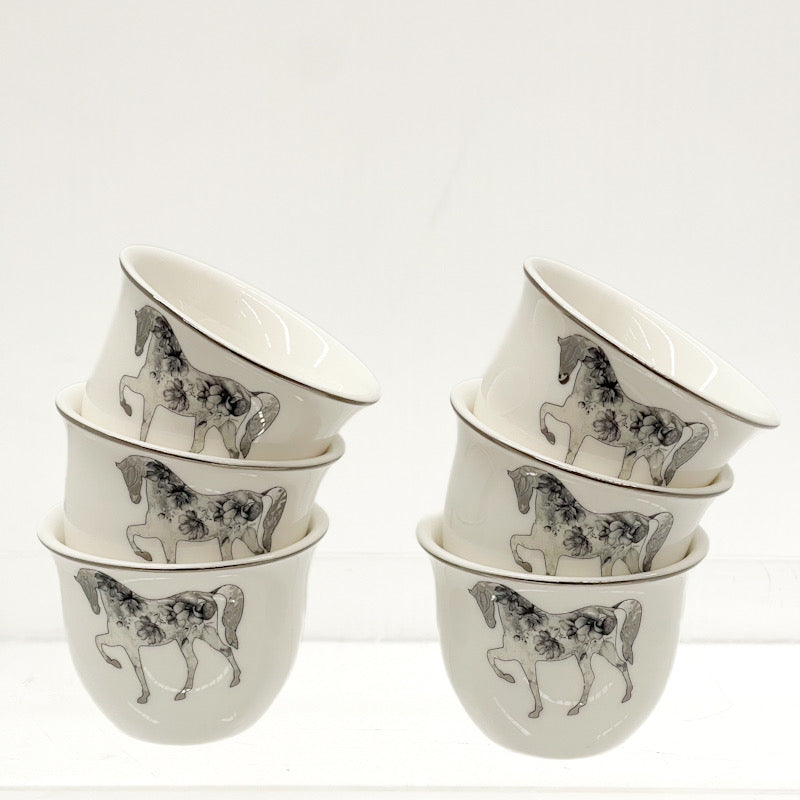 Saheel Luxury Porcelain Arabic Coffee 6 Grey Cup Set – Calligraphy & Horse Design