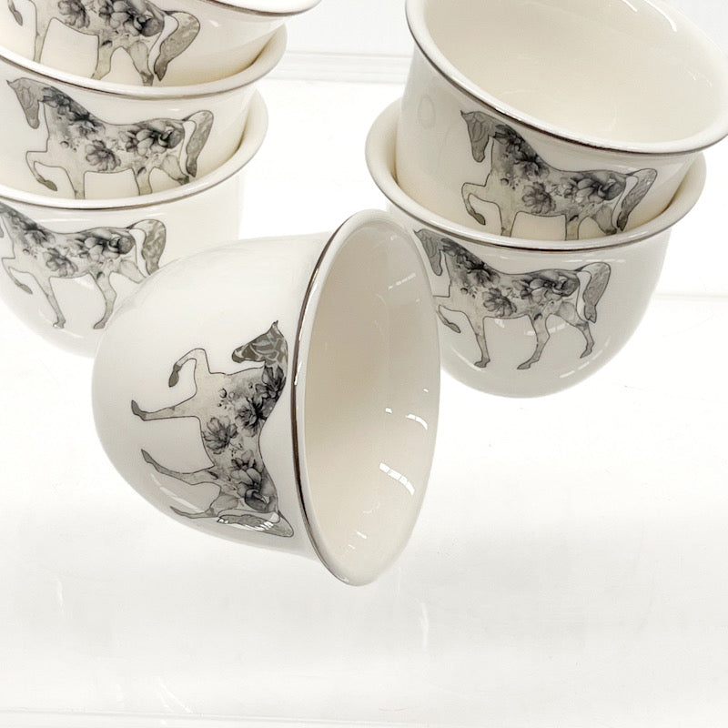 Saheel Luxury Porcelain Arabic Coffee 6 Grey Cup Set – Calligraphy & Horse Design