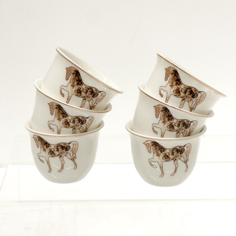 Saheel Luxury Porcelain Arabic Coffee 6 Brown Cup Set – Calligraphy & Horse Design