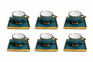 6 Luxe Turkish Coffee Cup & Saucer Set – Petrol Blue & Gold