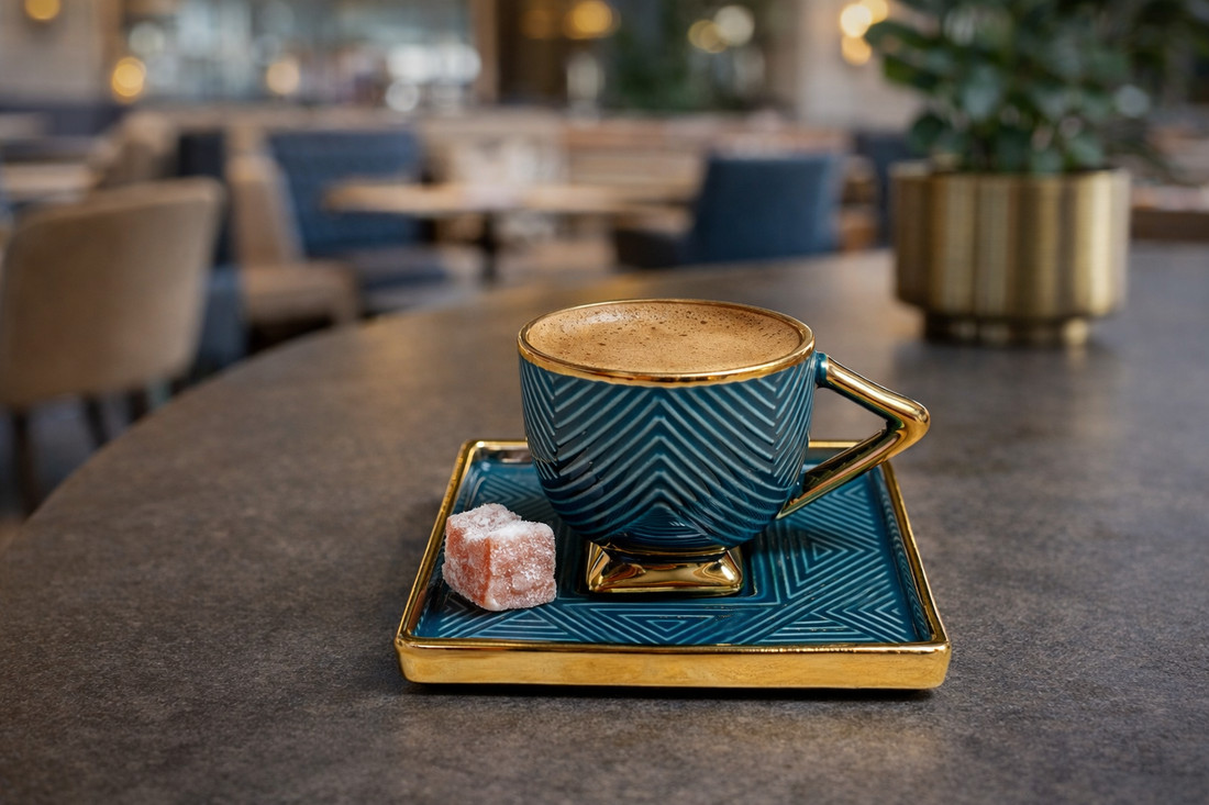 6 Luxe Turkish Coffee Cup & Saucer Set – Petrol Blue & Gold