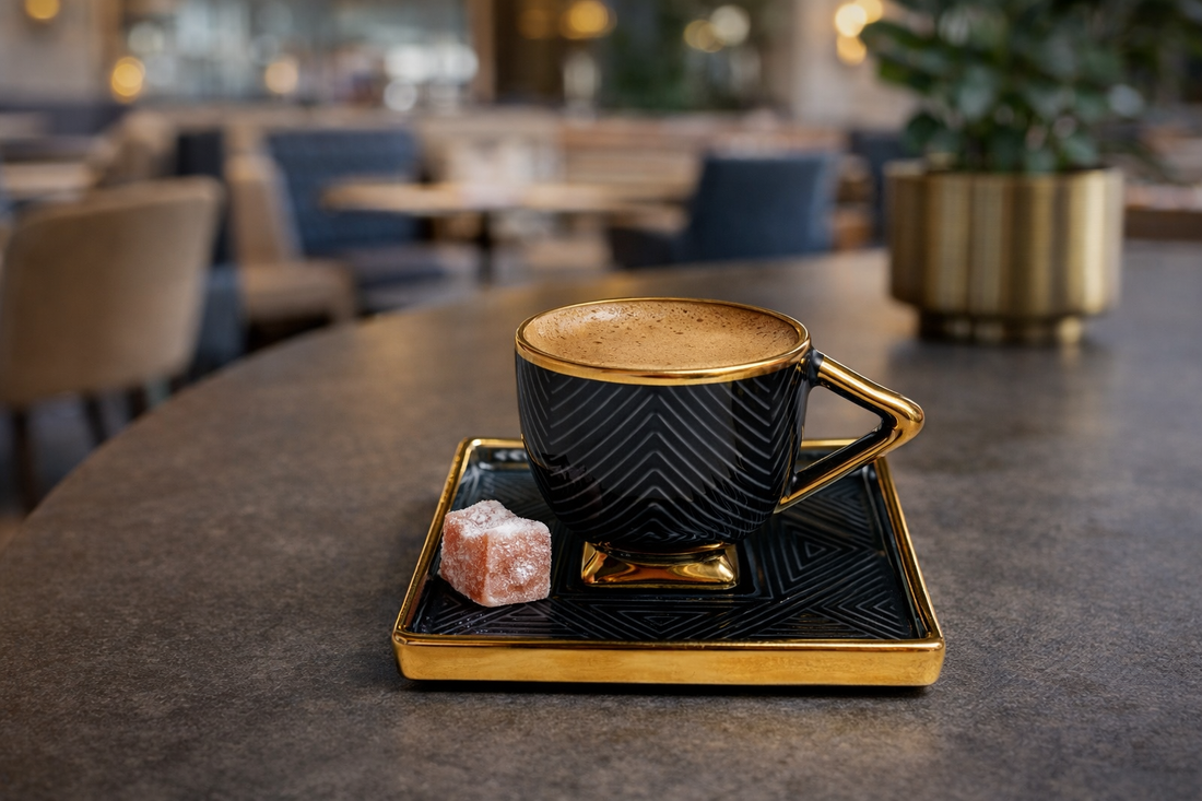 6 Luxe Turkish Coffee Cup & Saucer Set – Glossy Black & Gold