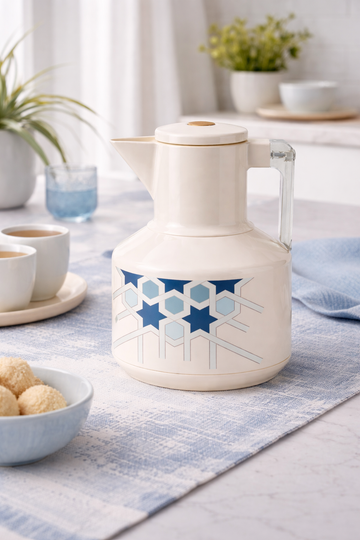 12 PCS Carton. Vacuum Flask – Cream & Blue Pattern (1L)